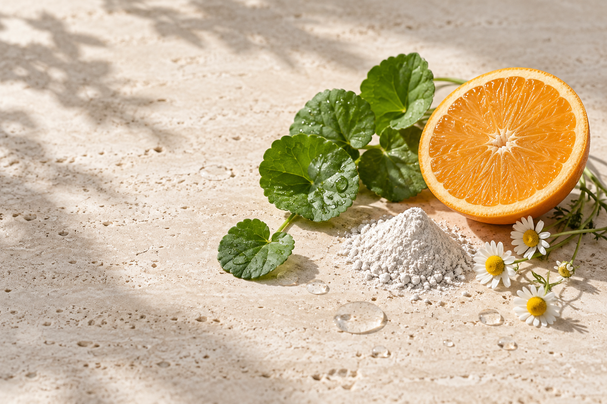 Centella leaves, orange, kaolin clay and chamomile on travertine