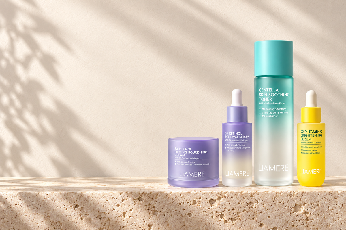 LIAMERE skincare products on travertine