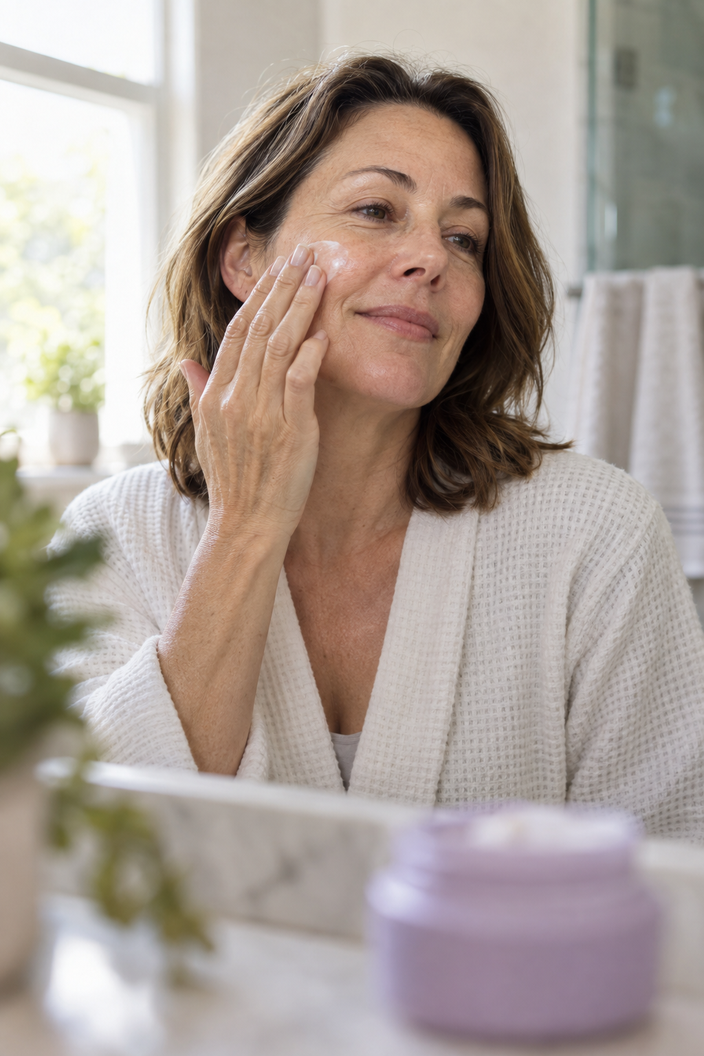 Woman applying face cream in a bright bathroom